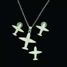 General Airplane Necklace, Stud Earring, Ring Set - Silver