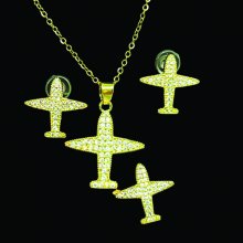 General Airplane Necklace, Stud Earring, Ring Set - Gold